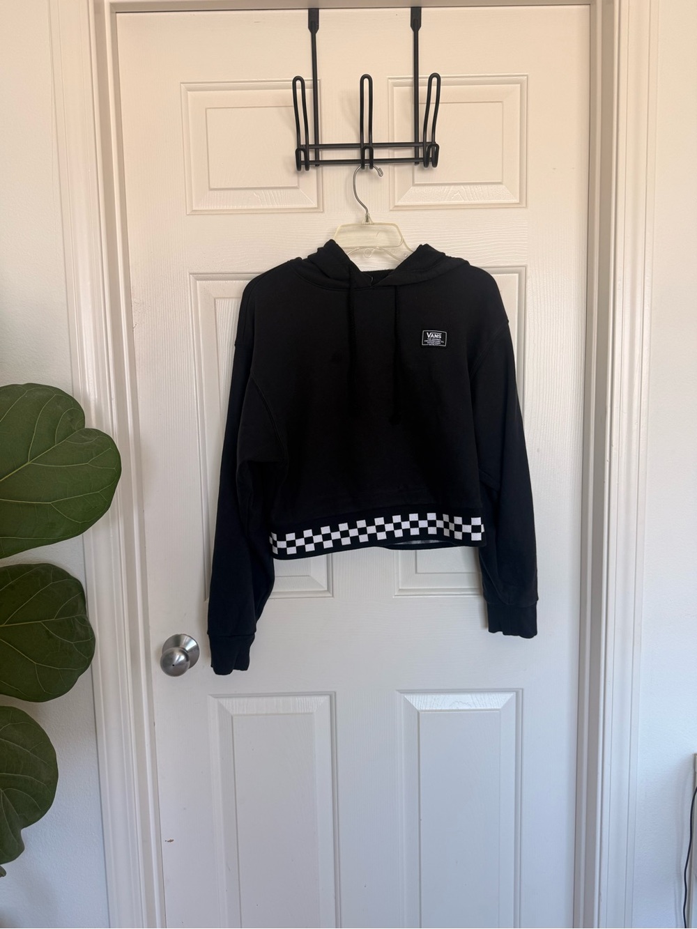 Vans Black Cropped Hoodie with Checkerboard Hem